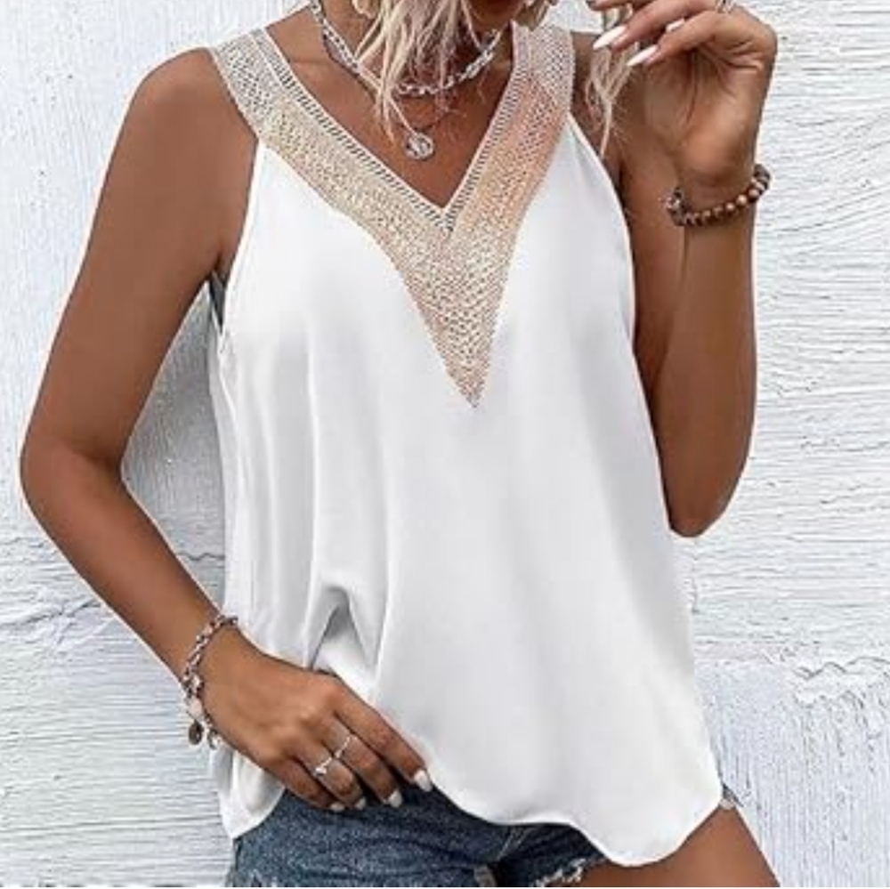 CUPSHE White V Neck Tank Top with Embroidered Lace Inset